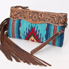 American Darling Wristlet Bag Hand Tooled Floral Carved Saddle Blanket Genuine Leather Western Purse with Fringes