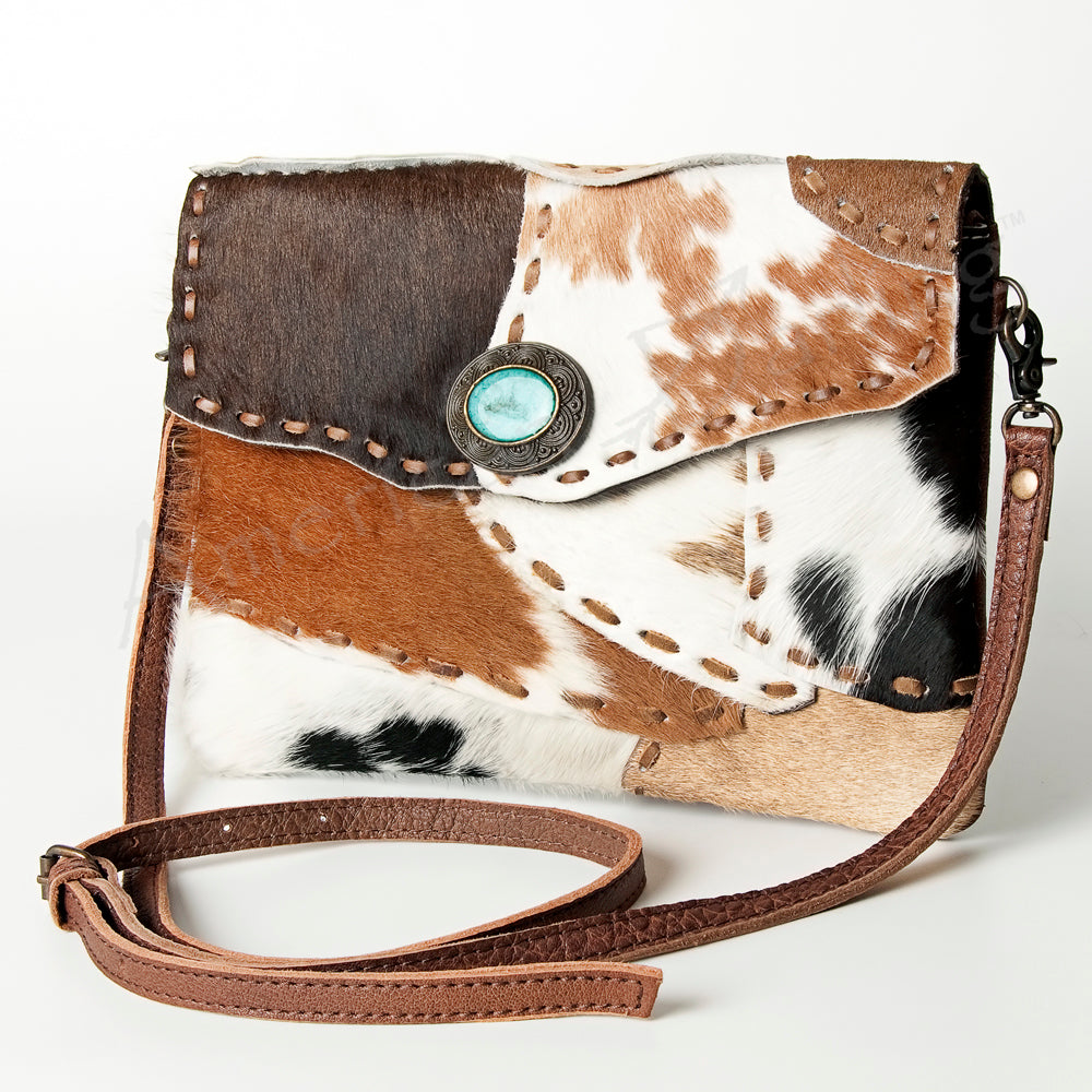 American Darling Envelope Bag Hair-On Cowhide Genuine Leather Western Purse with Turquoise Concho & YKK Zipper