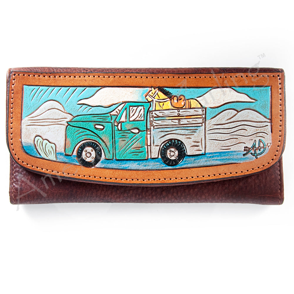 American Darling Wallet Hand Tooled Leather Clutch Vegetable Tanned Western Accessory 4in x 8in
