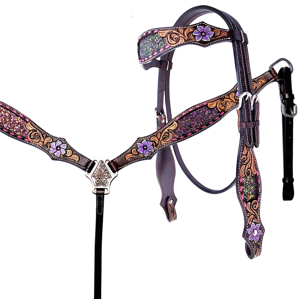 HILASON Western Horse Headstall Breast Collar & Spur Strap Set American Leather Floral