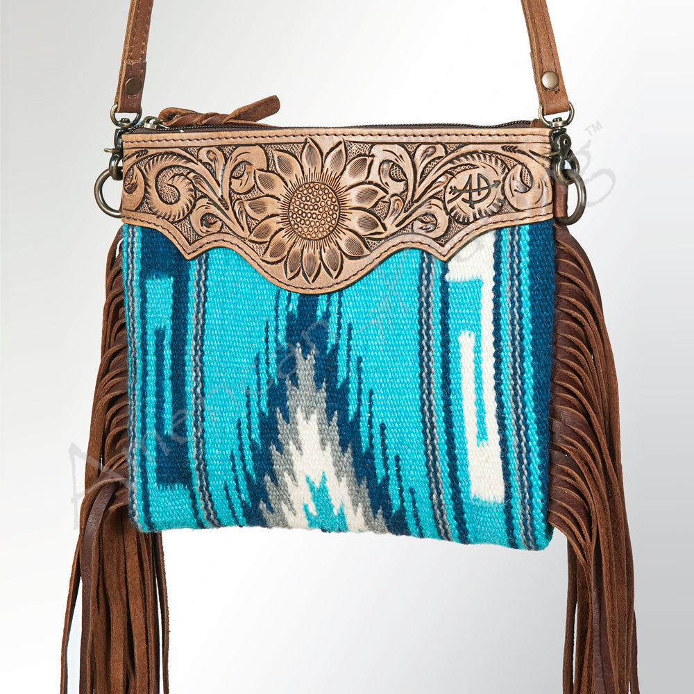 American Darling Western Cross body Bag Hand Tooled Floral Leather & Hand Woven Saddle Blanket with Fringes
