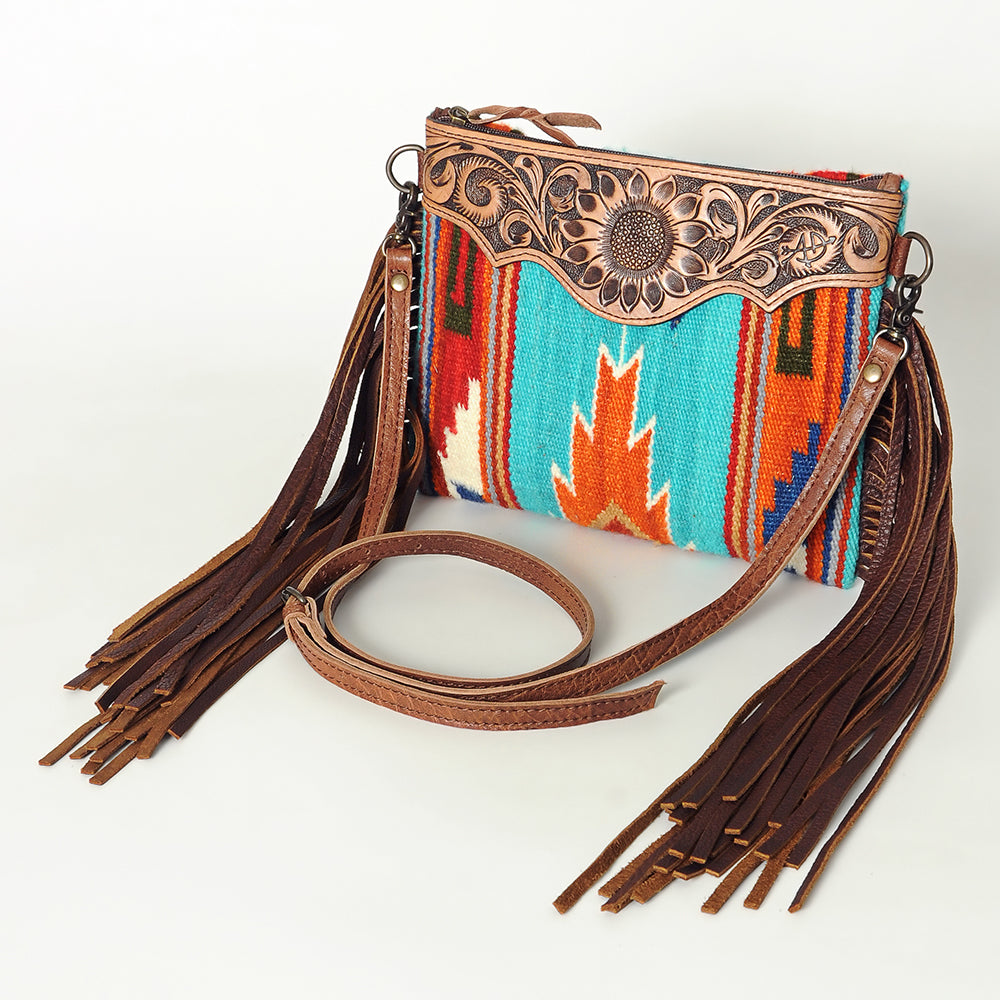 American Darling Western Cross body Bag Hand Tooled Floral Leather & Hand Woven Saddle Blanket with Fringes
