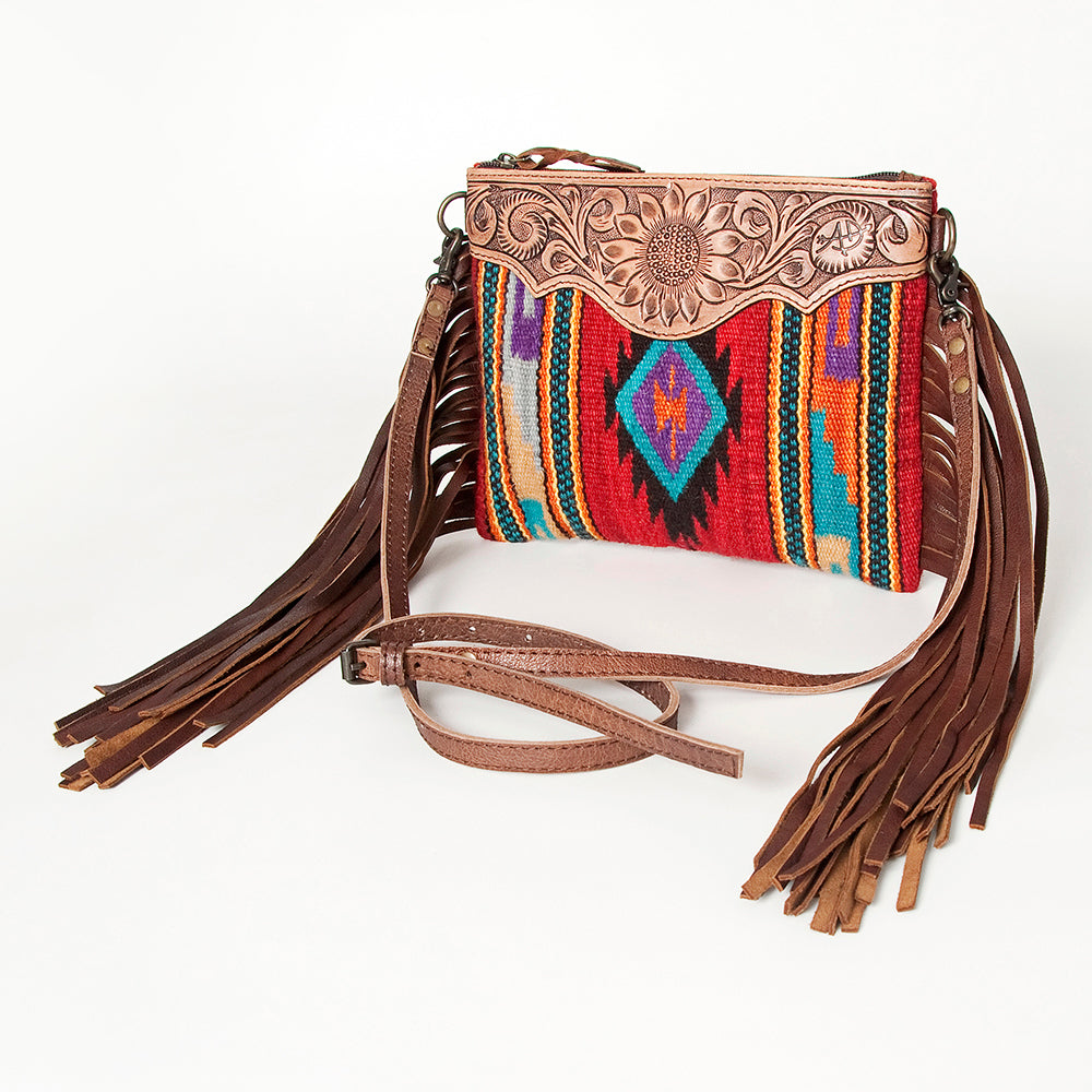 American Darling Western Cross body Bag Hand Tooled Floral Leather & Hand Woven Saddle Blanket with Fringes