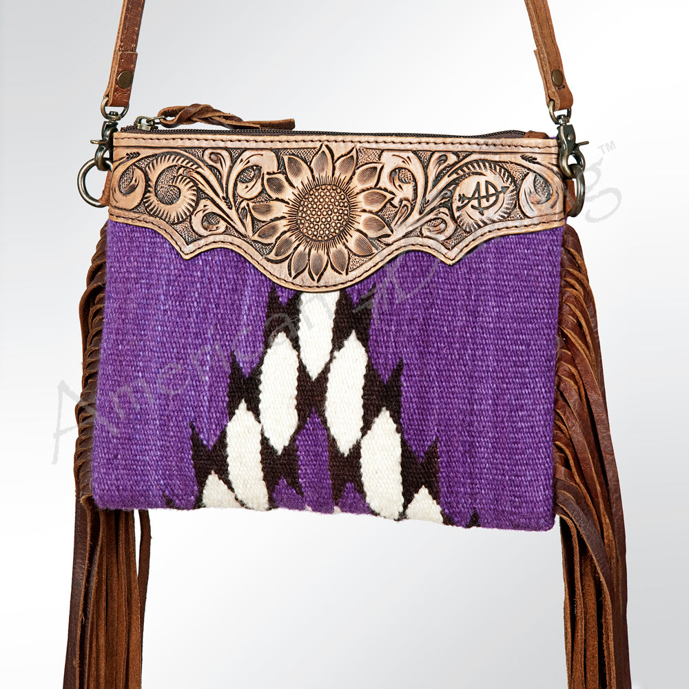 American Darling Western Cross body Bag Hand Tooled Floral Leather & Hand Woven Saddle Blanket with Fringes