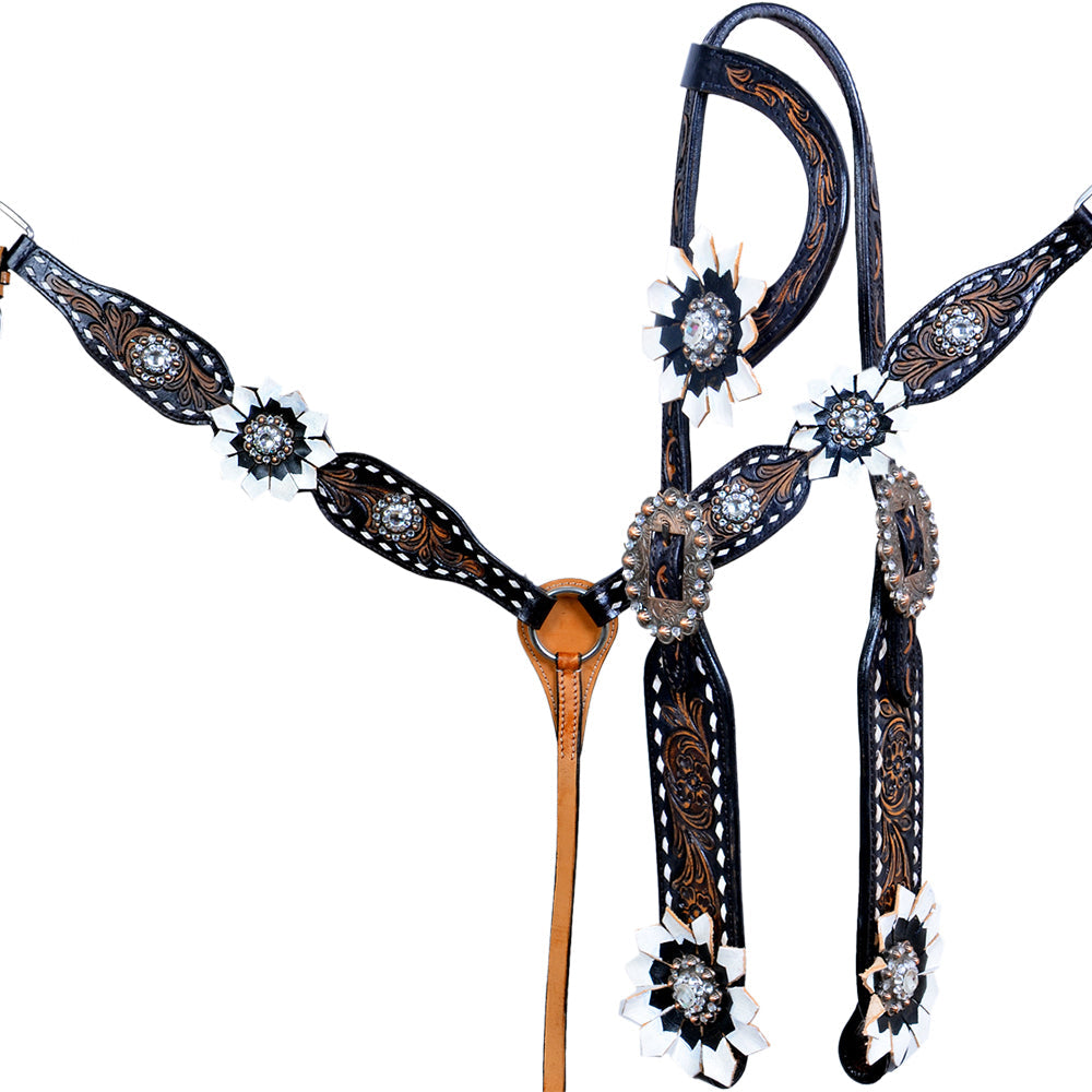 COMFYTACK Western Horse Genuine American Leather Headstall & Breast Collar Set Floral Brown