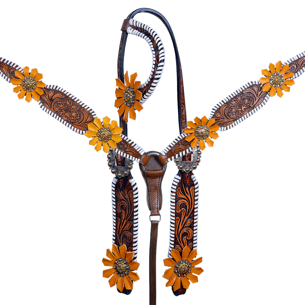 Western One Ear Horse Headstall Breast Collar Leather Bling Brown