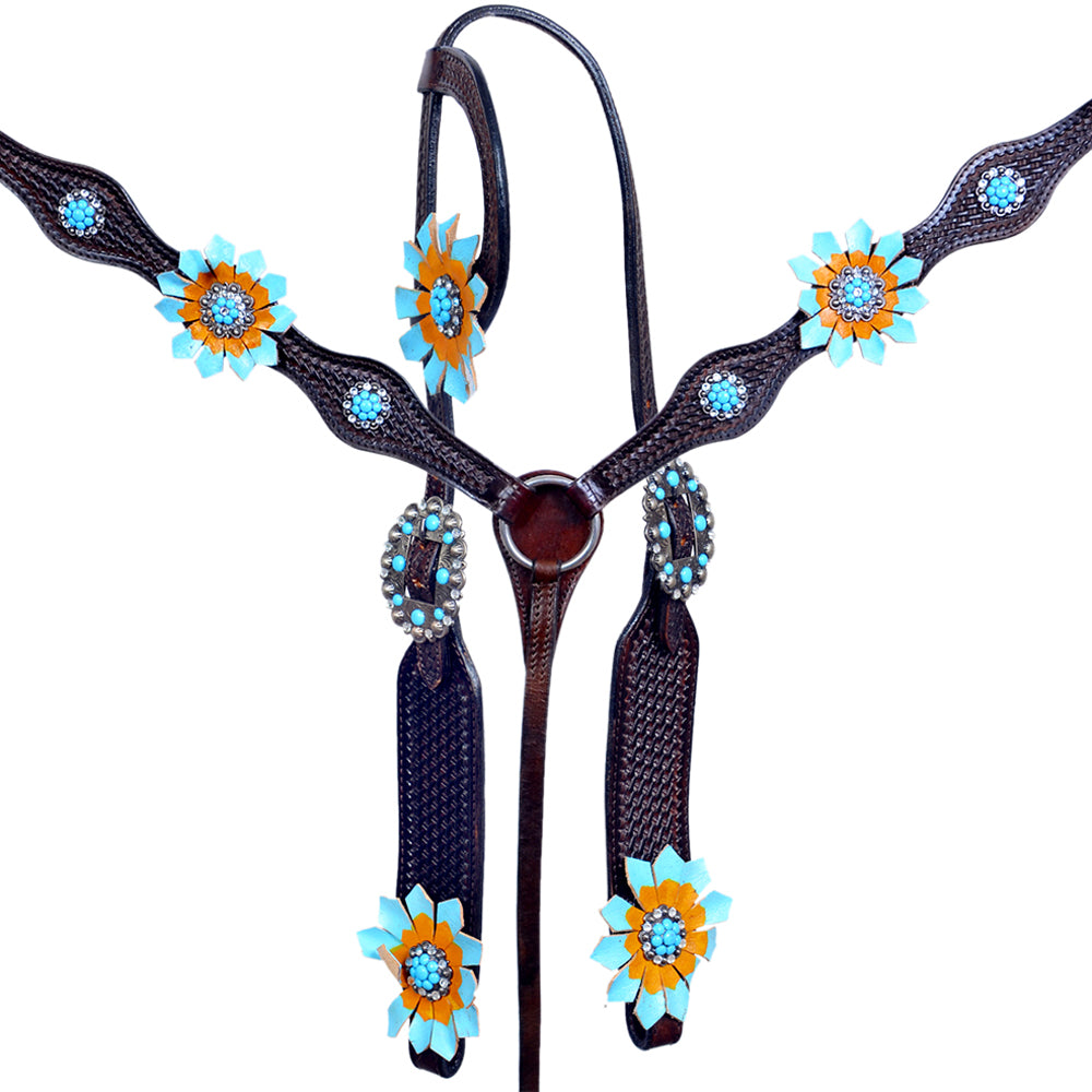 Western One Ear Horse Headstall Breast Collar Leather Brown Bling