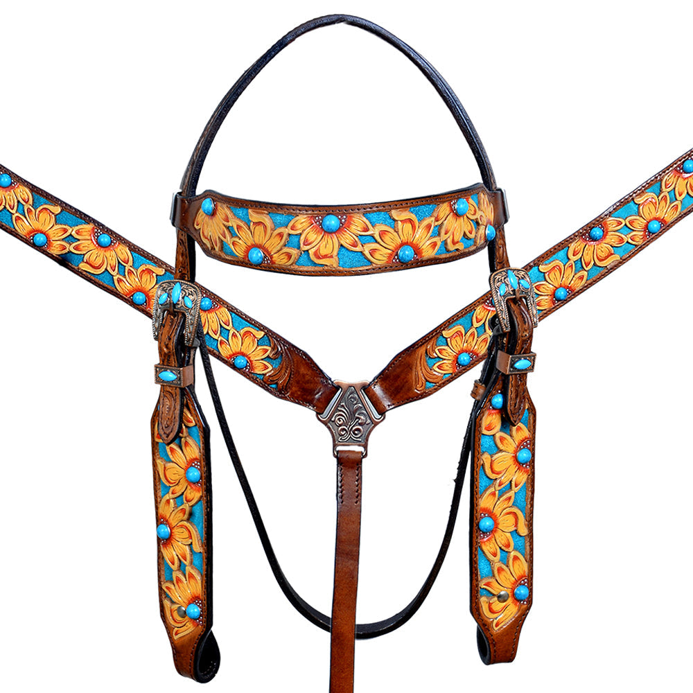 HILASON Western Horse Leather Headstall & Breast Collar Set Brown Sunflower