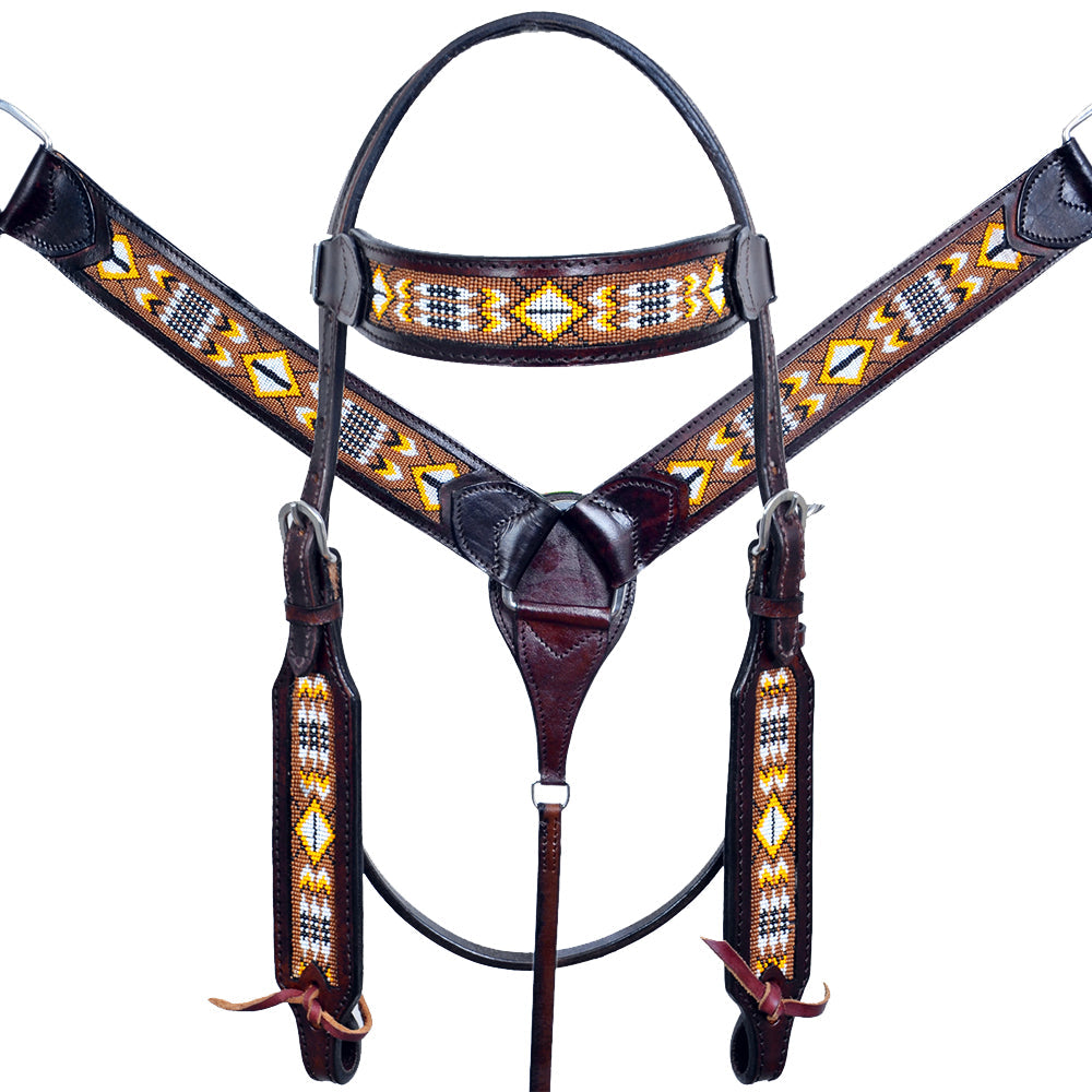 Hilason Western Horse Headstall Breast Collar Leather Beaded Inlay Brown