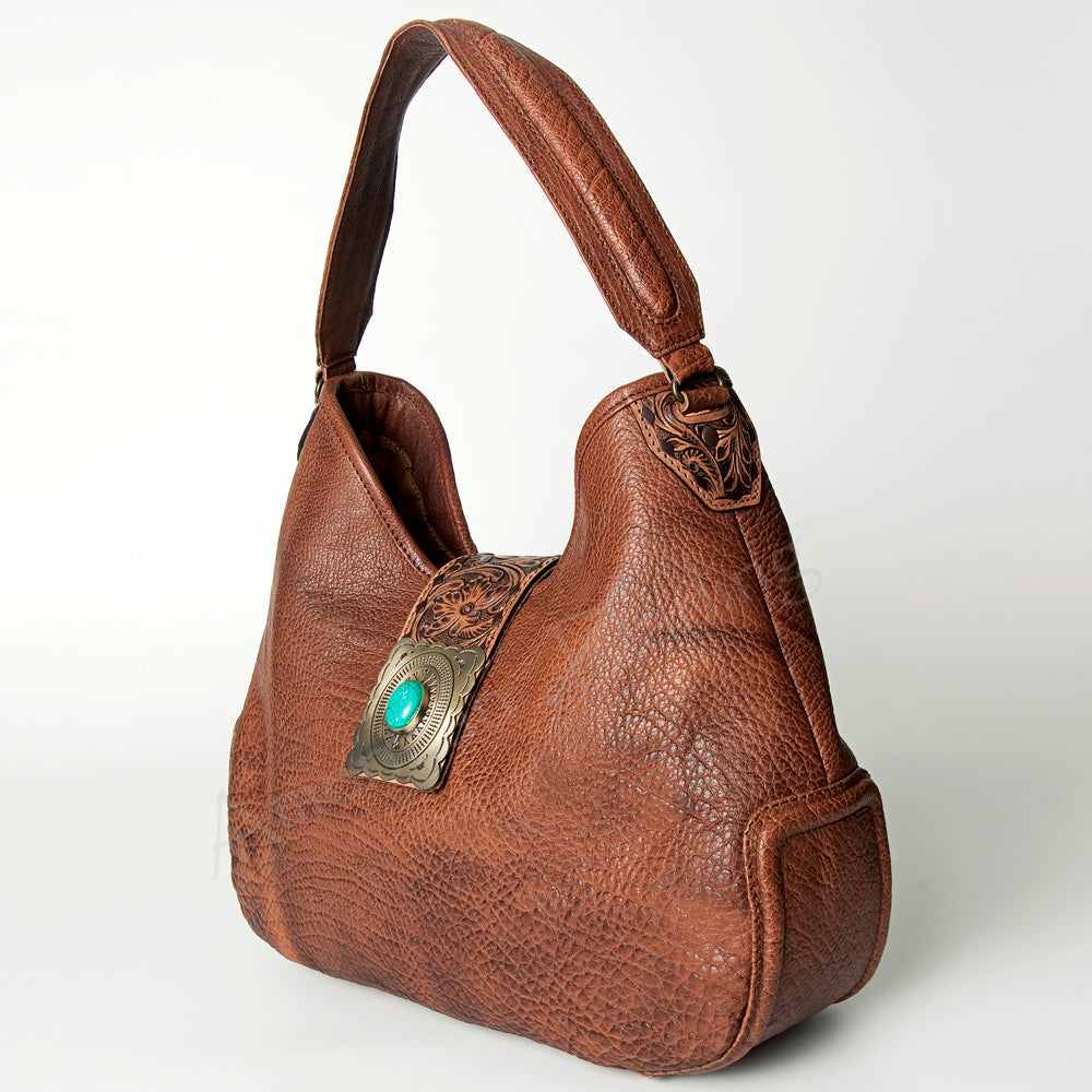 American Darling Hobo Bag Hand Tooled Floral Carved Cowhide Genuine Leather Western Purse with Turquoise Concho & YKK Zipper