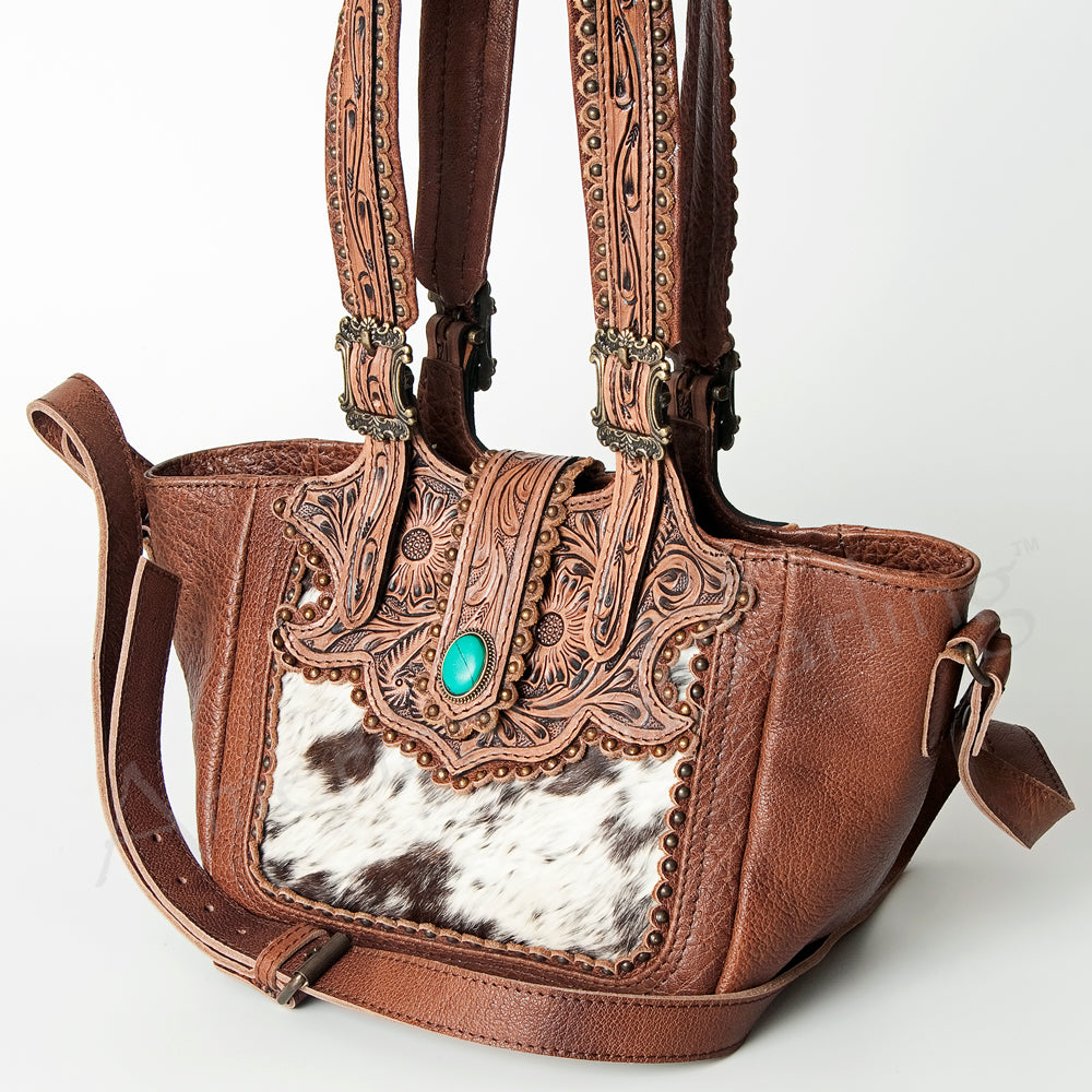 American Darling Tote Bag Western Hand Tooled Floral Genuine Leather Purse with Turquoise Concho & Rivetted Detail for Women