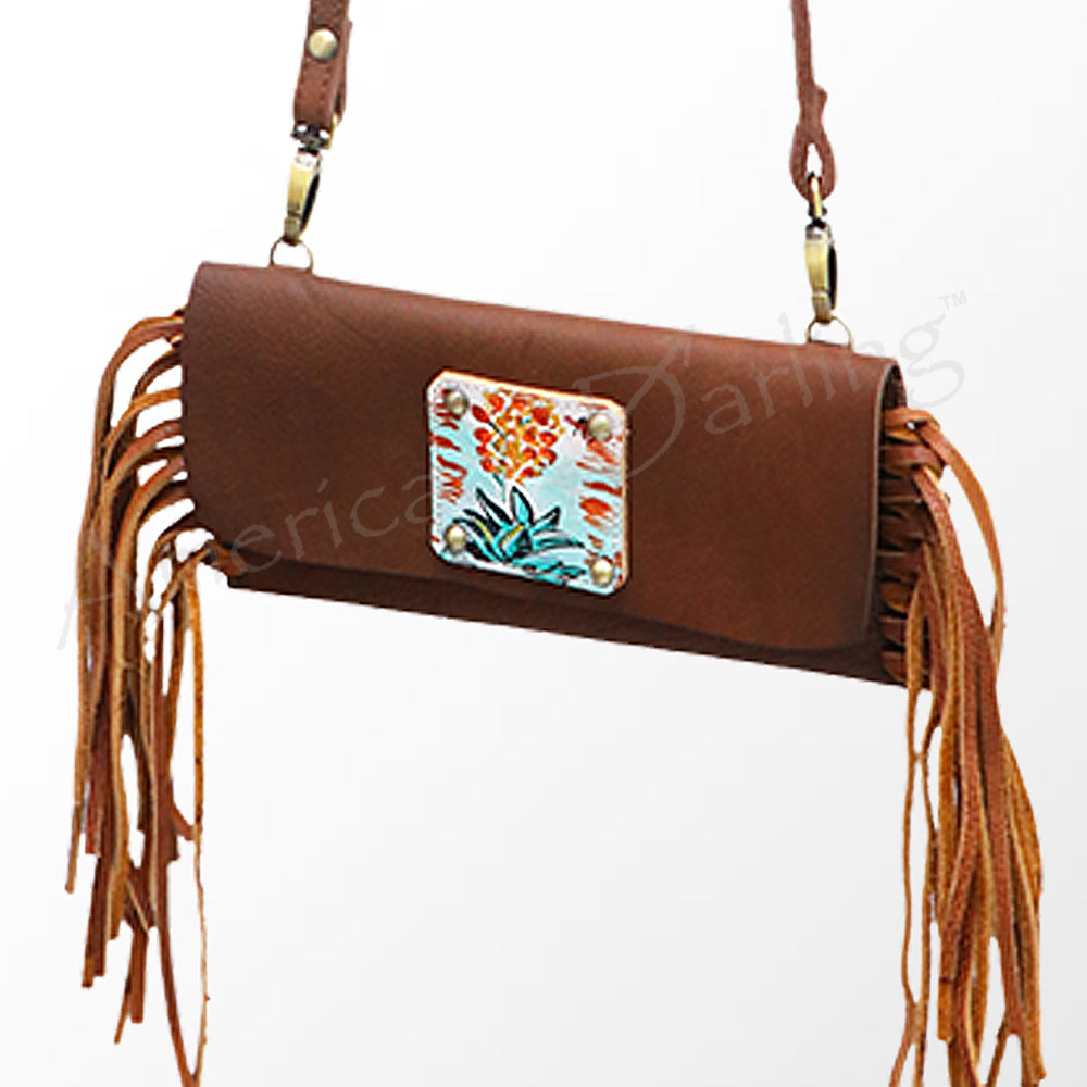 American Darling Small Cross body Bag, Hand Painted Western Leather with Fringes, Genuine Full Grain Leather, 21in X 11in X 5in