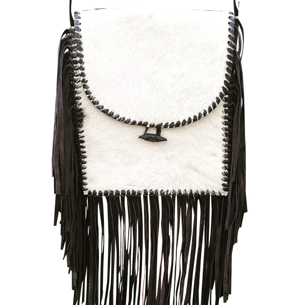 HILASON Western Genuine Leather Hairon Crossbody Bag With 12" Fringes White