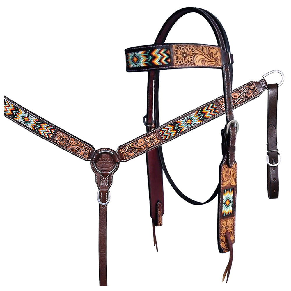 HILASON Western Horse Floral Headstall Breast Collar One Spur Strap Wither American Leather Tack Set