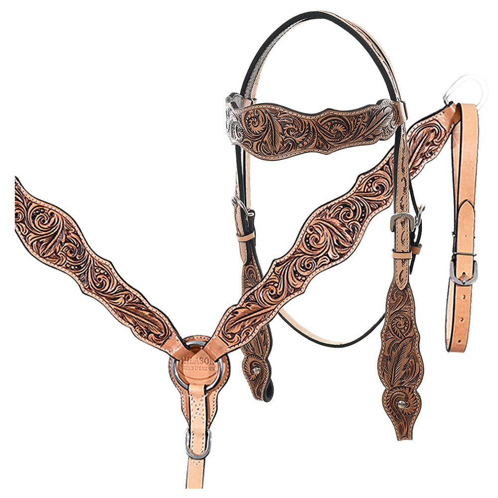 HILASON Western Horse Floral Headstall Breast Collar One American Leather Tack Set