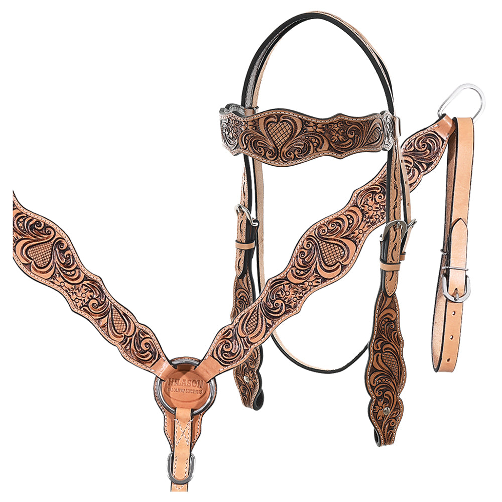 HILASON Western Horse Floral Headstall Breast Collar One Spur Strap Wither American Leather Tack Set