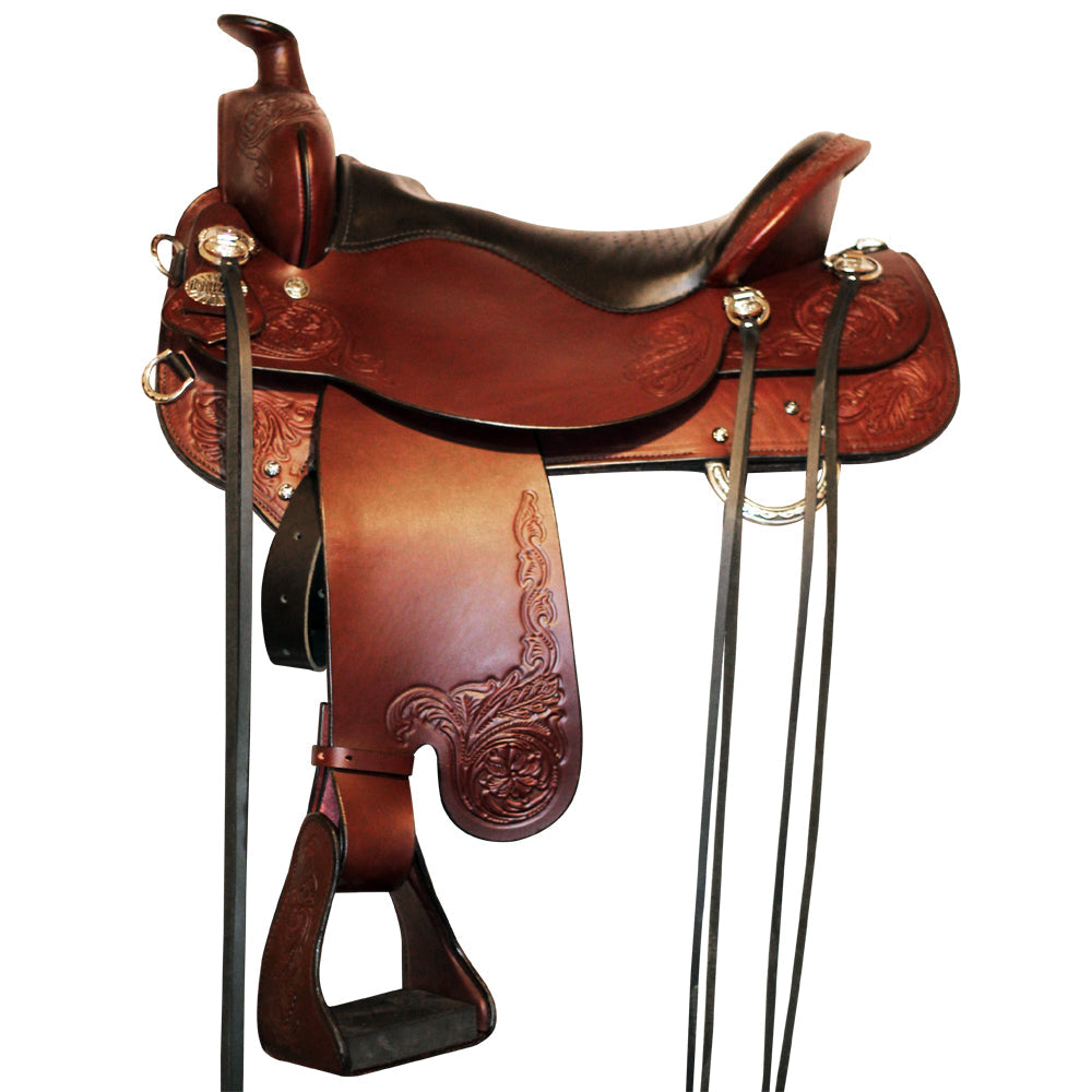 WESTERN FULL SKIRT LEATHER COVERED TOOLED CHROME STIRRUP MEDIUM