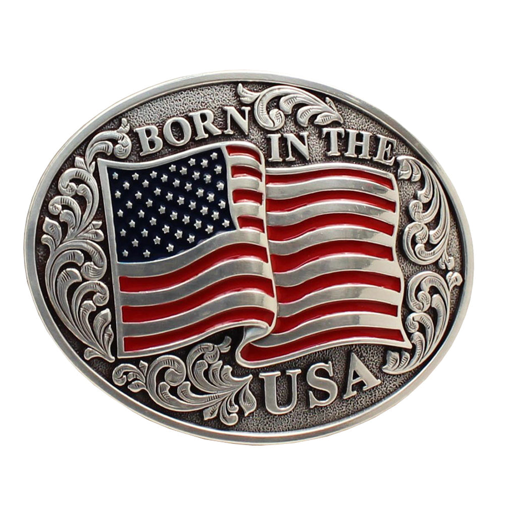 Scrolling 4 in X 3 Nocona Mens Belt Oval Buckle USA Flag Silver