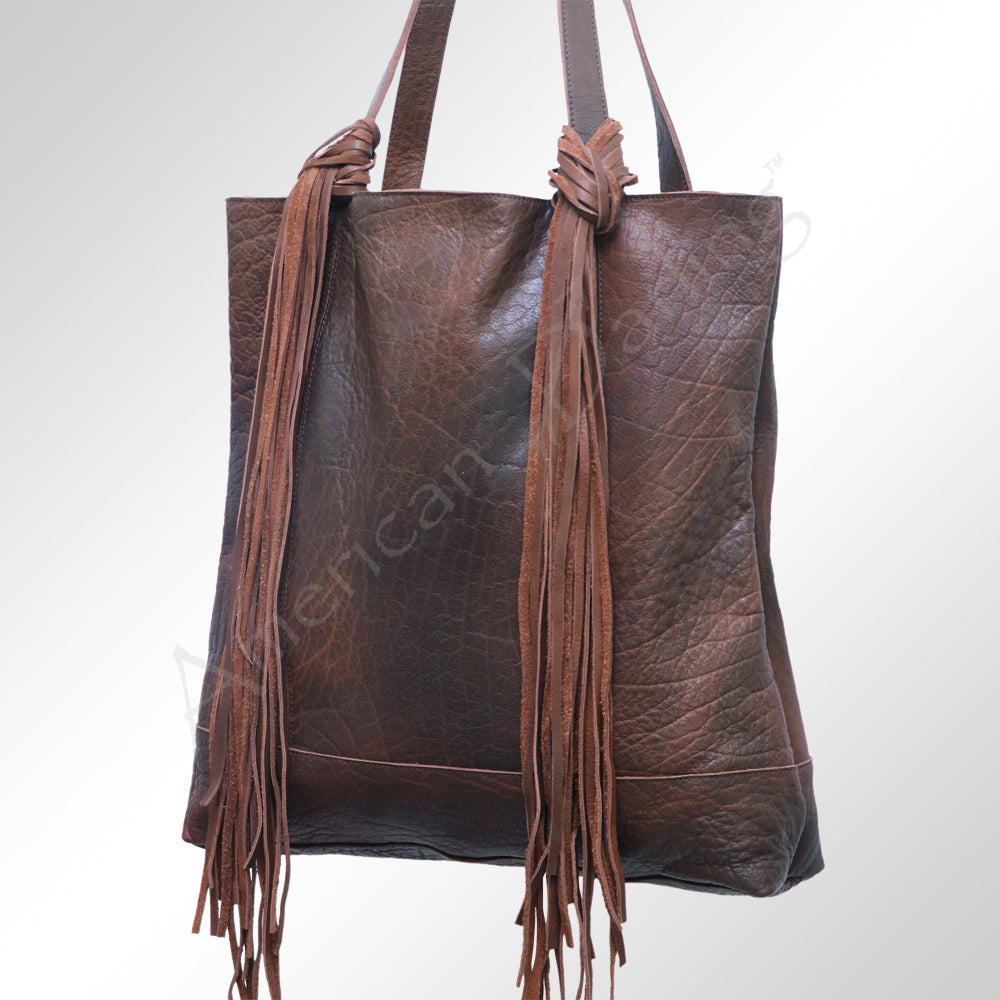 American Darling Tote Bag - Genuine Vegetable-Tanned Leather Western Purse with Fringes and YKK Zipper - 17x17in