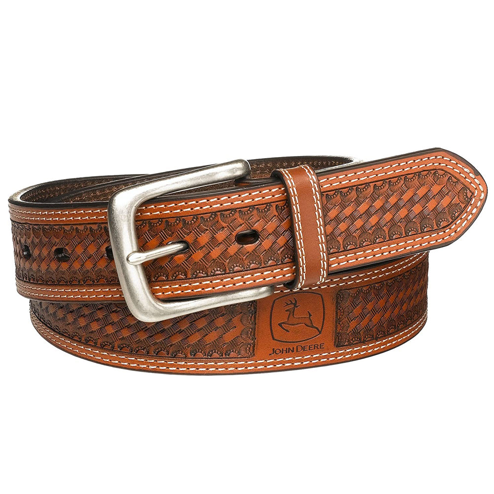 John Deere Top Grain Basketweave Leather Mens Cowboy Belt Tan