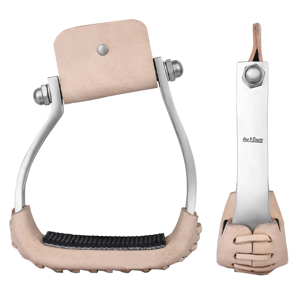 3" Wide Bar H Equine Western Horse Heavy-Duty Genuine Leather Alum. Twisted Sloped Stirrups