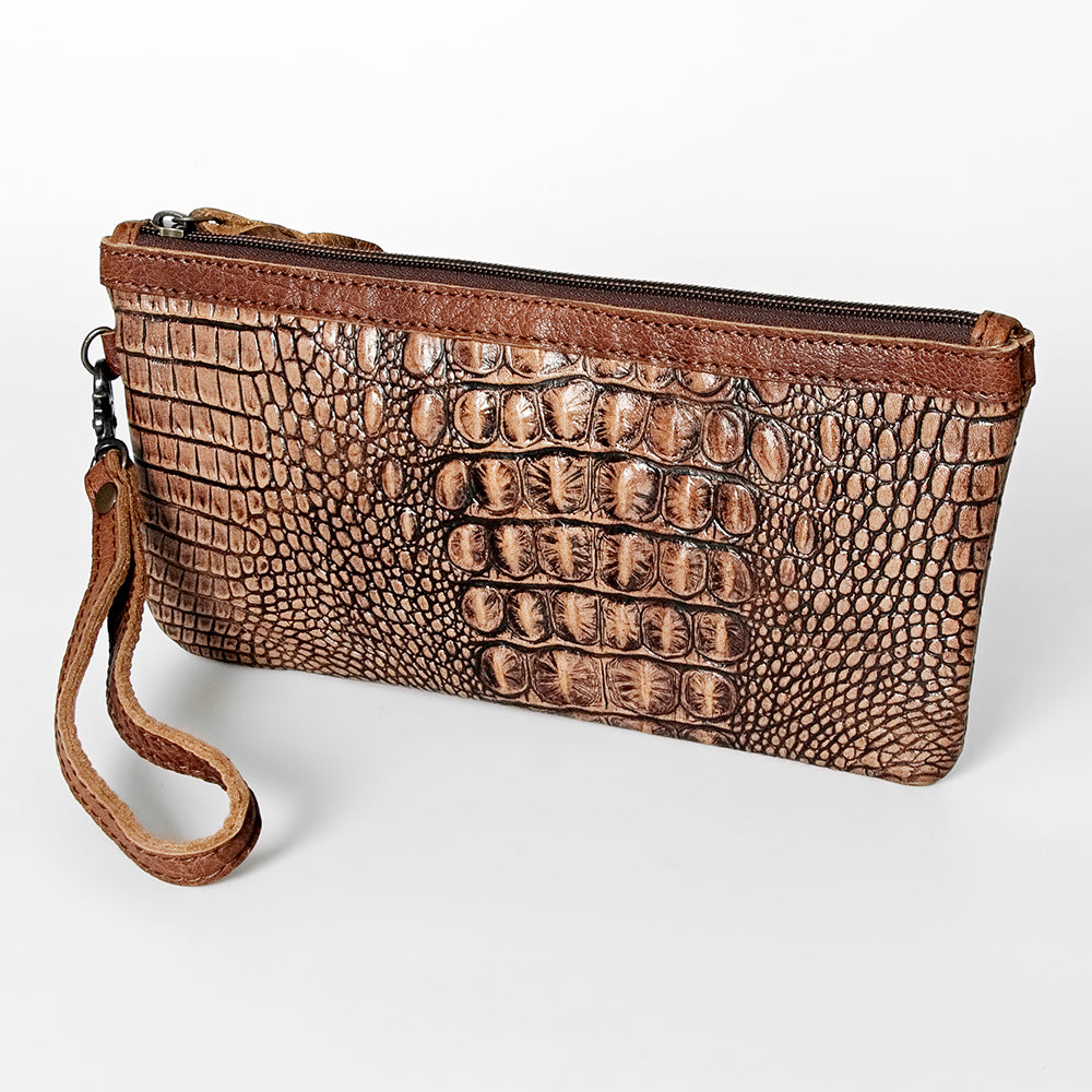 American Darling Wristlet Bag for Women, Crocodile Embossed Full Grain Leather Western Clutch with YKK Zipper & Wrist Strap