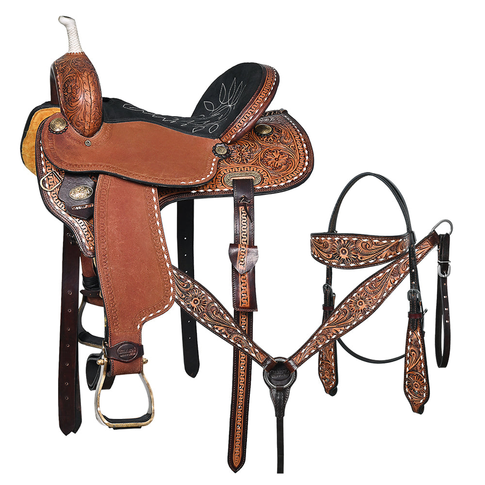 HILASON Western Horse Barrel Racing Saddle Trail American Leather With Tack Set