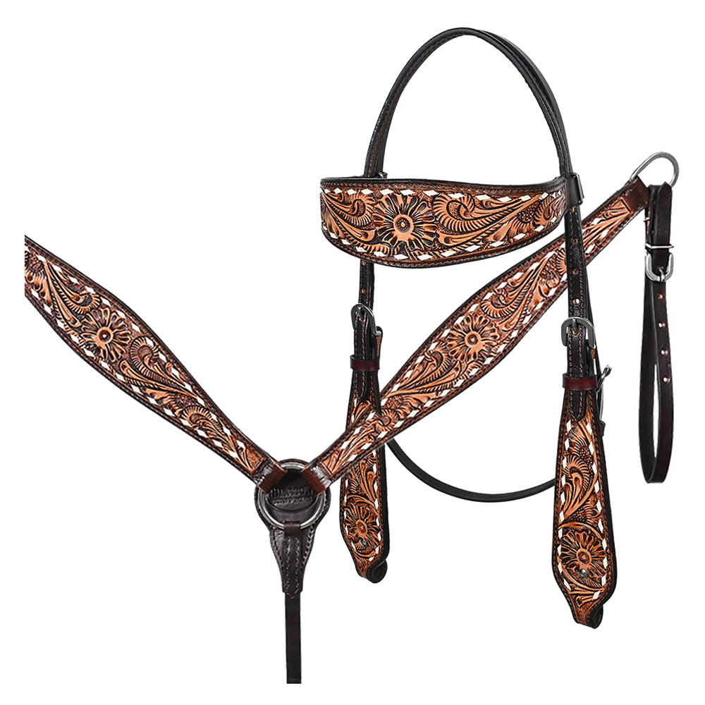 Hilason Western American Leather Horse Floral Headstall Breast Collar Tack Set