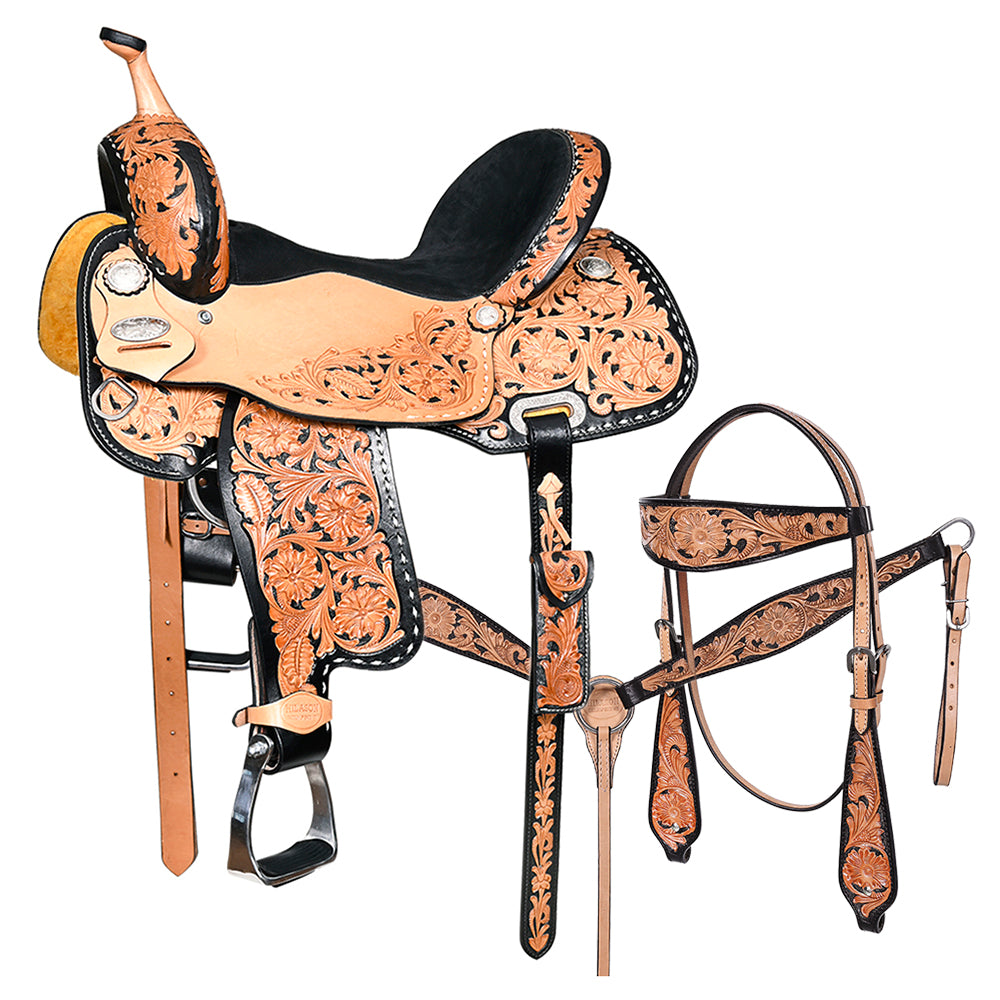 HILASON Western Horse Barrel Racing Saddle Trail American Leather With Tack Set