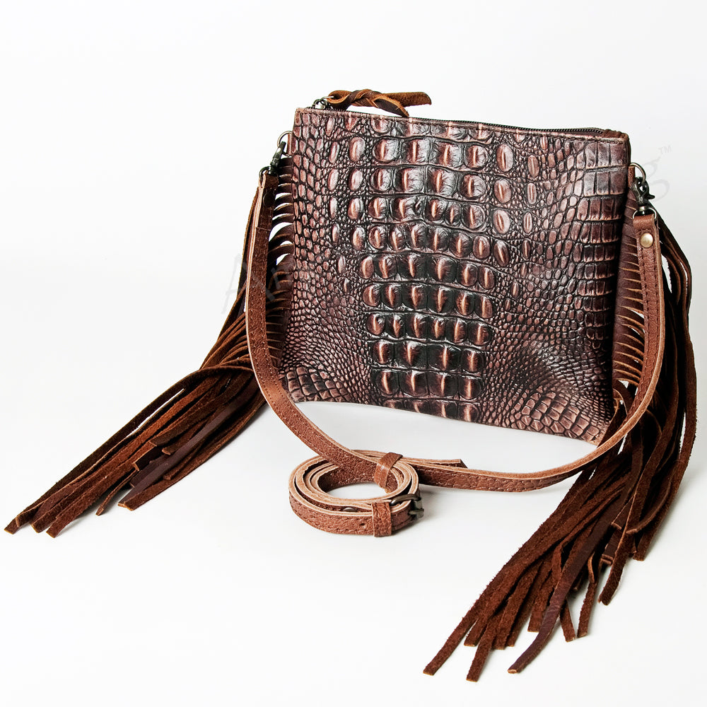 American Darling Cross body Bag, Crocodile Embossed Genuine Full Grain Leather, Western Fringe Purse with YKK Zipper, 8in x 10in