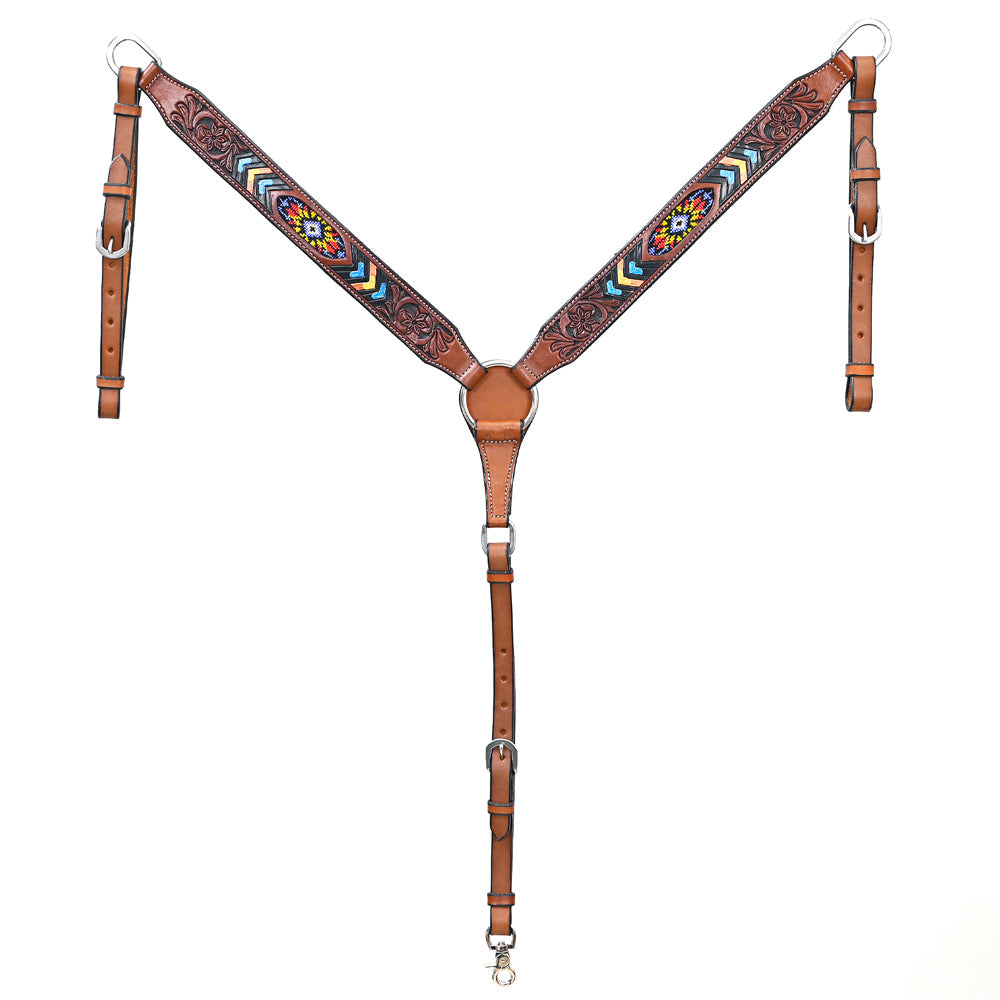 BAR H EQUINE Genuine Horse Western Leather Breast Collar Beaded Inlay Brown