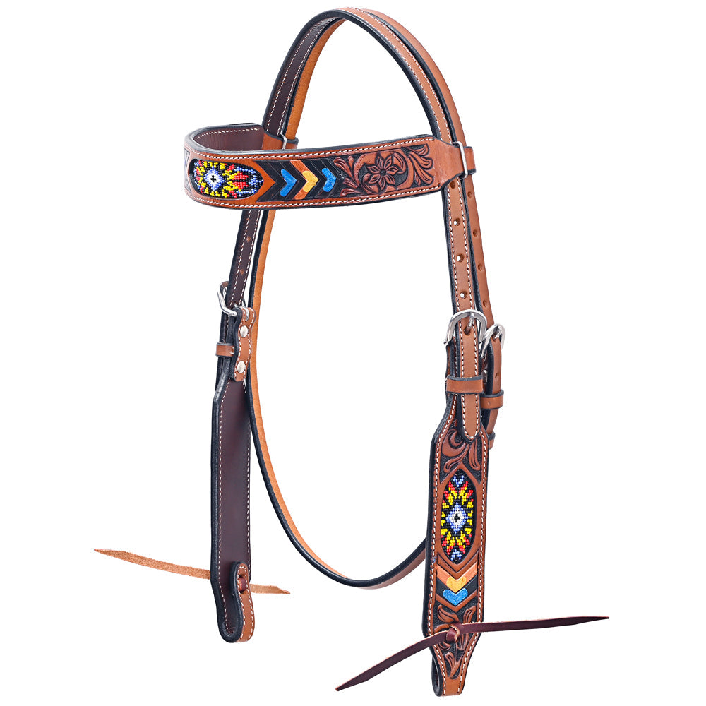 Bar H Equine Western Horse Genuine Leather Floral Design Beaded Headstall Brown