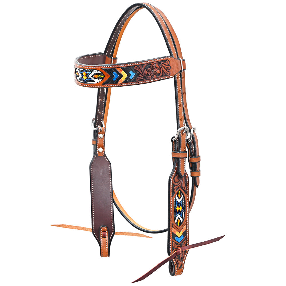 Bar H Equine Western Horse Genuine Leather Floral Design Beaded Headstall Brown