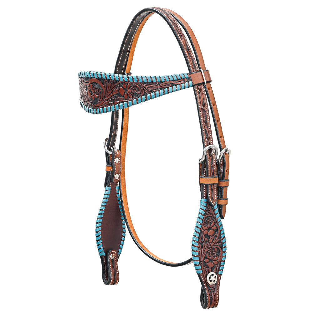 Bar H Equine Western Horse Genuine Leather Floral Design Buckstitch Headstall Brown