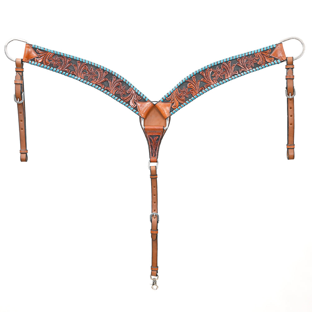BAR H EQUINE Genuine Horse Hand Tooled Buck stitched Leather Curved Breast Collar Brown