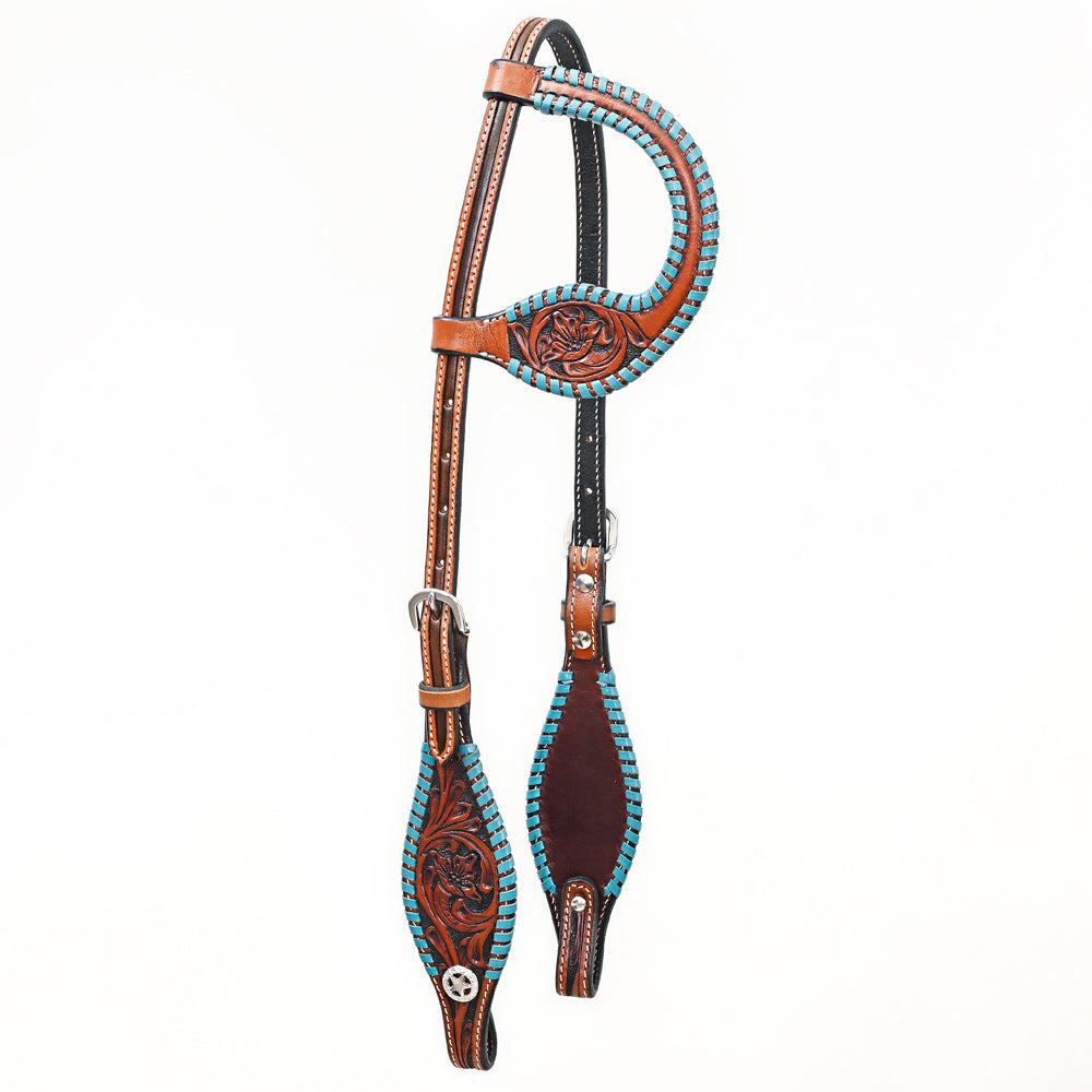 Bar H Equine Western Horse Genuine Leather Floral Design Buckstitch One Ear Headstall Brown