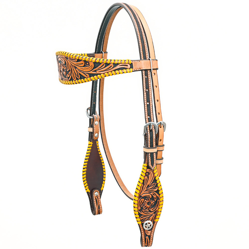 Bar H EquineWestern Horse Genuine Leather Floral Design BuckStitch Headstall Tan