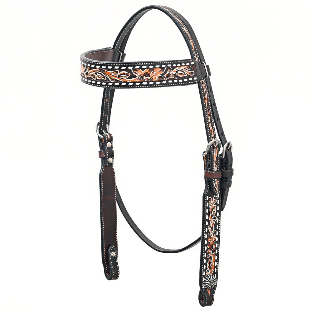 Bar H EquineWestern Horse Genuine Leather Floral Design Headstall Dark Brown