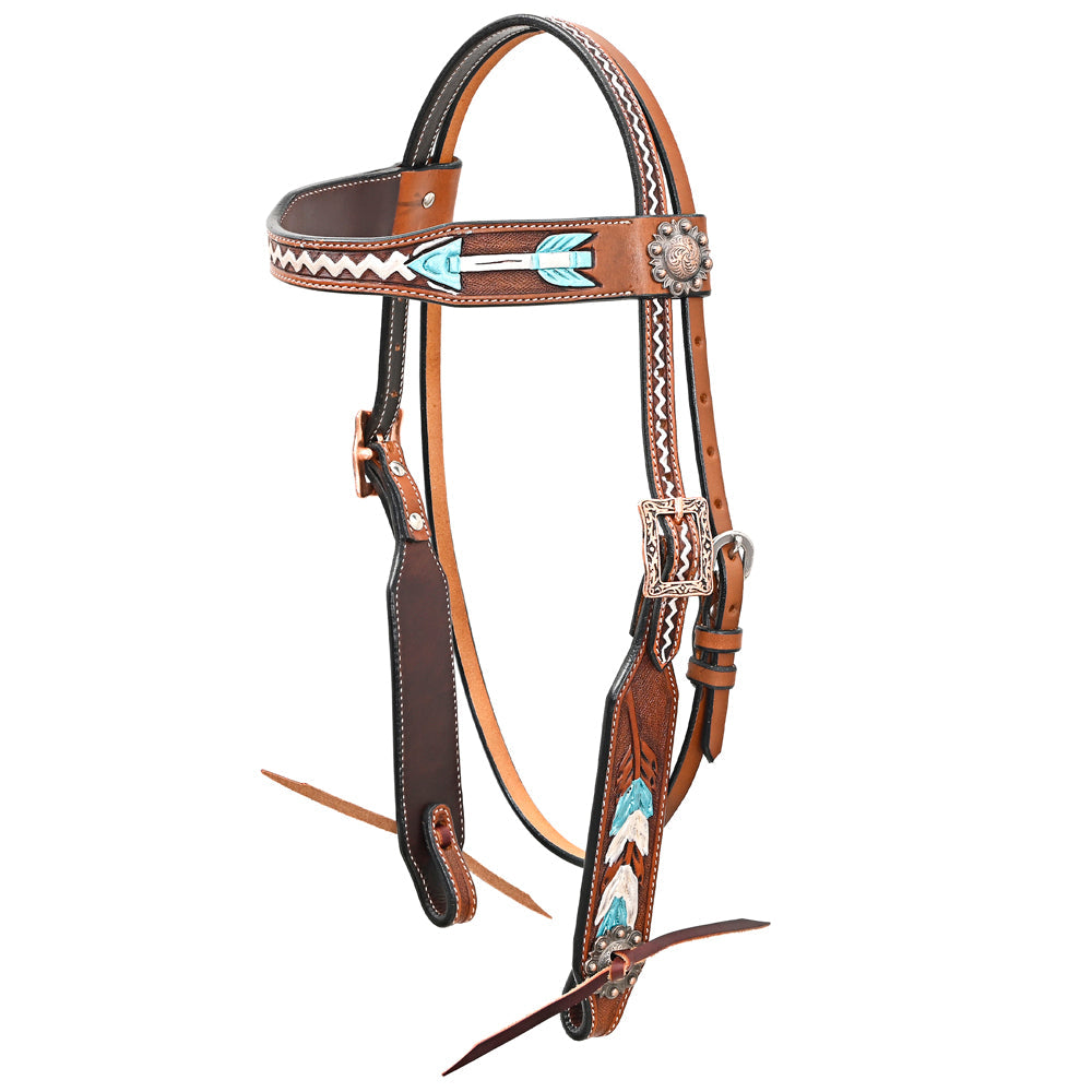 Bar H Equine Western Horse Genuine Leather Arrow Design Headstall Brown
