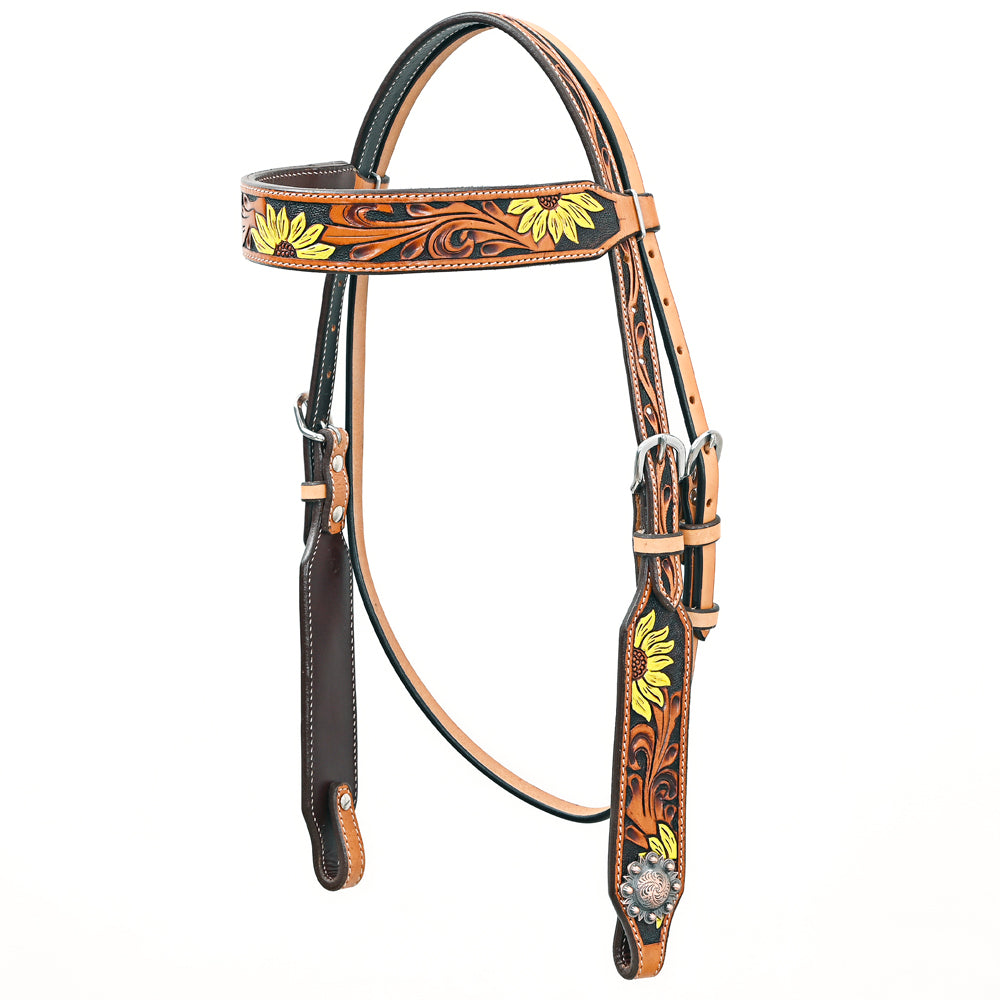 Bar H Equine Western Horse Genuine Leather Floral Design Headstall Tan