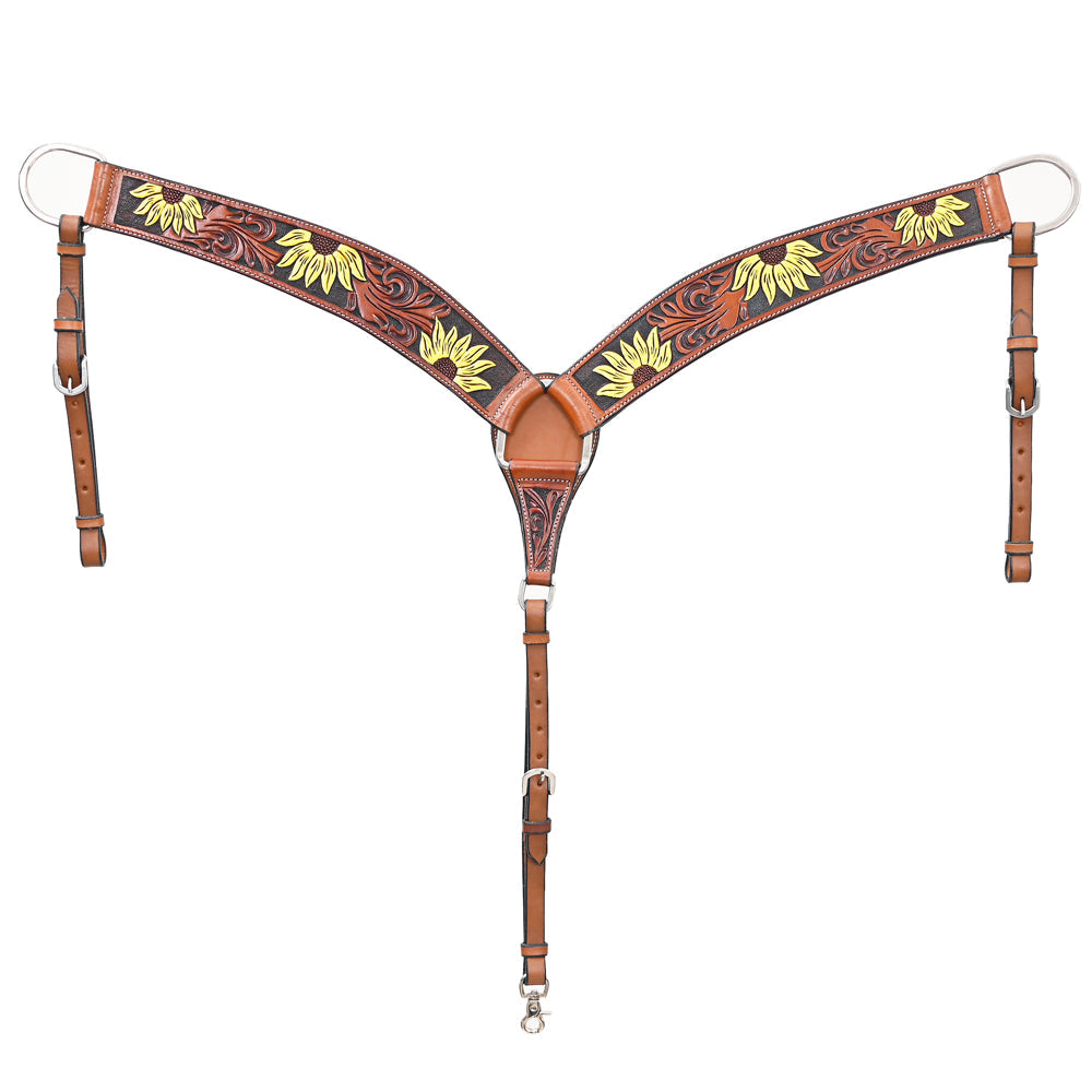 BAR H EQUINE Genuine Horse Hand Tooled Painted Sunflower Leather Breast Collar Brown