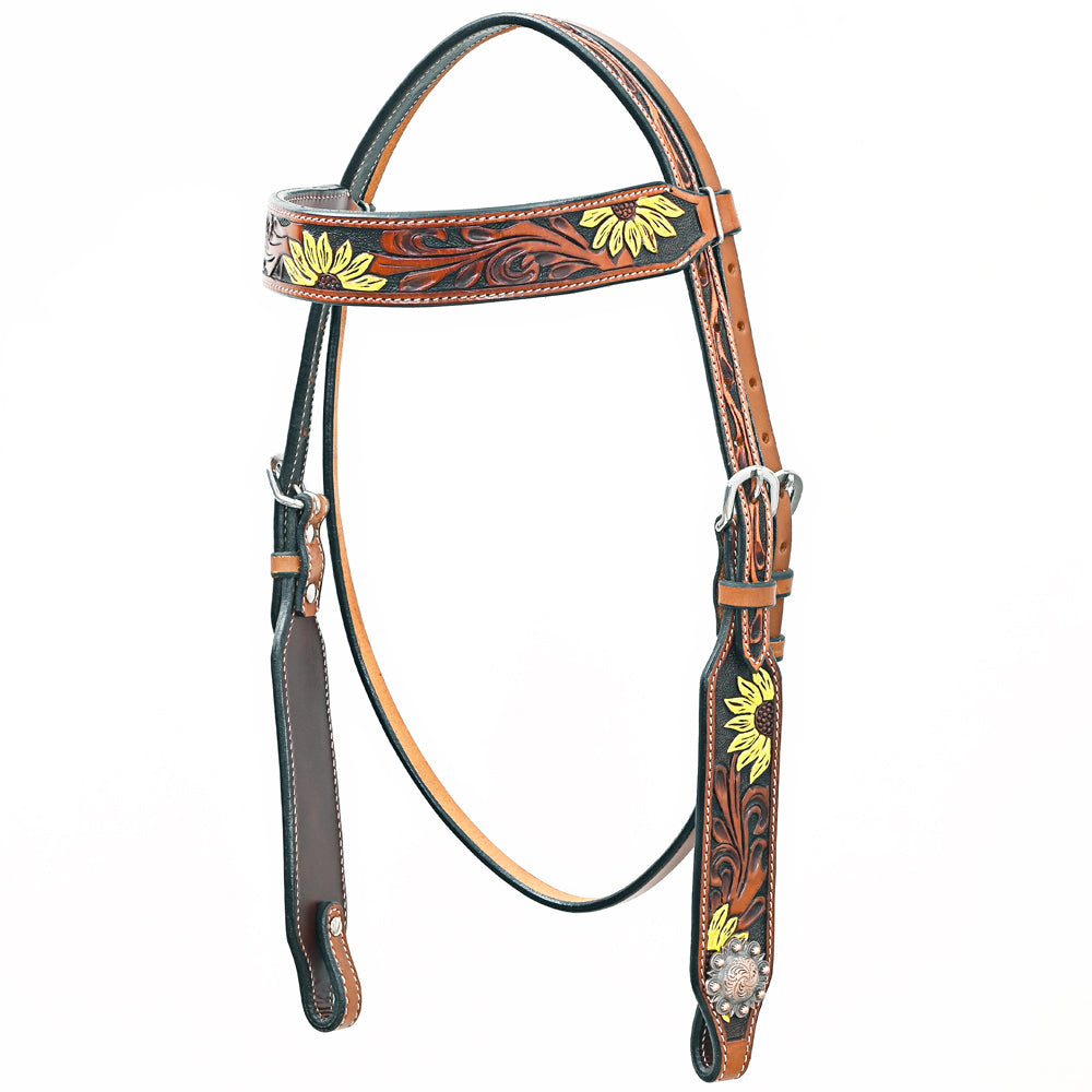 Bar H Equine Western Horse Genuine Leather Floral Design Headstall Tan