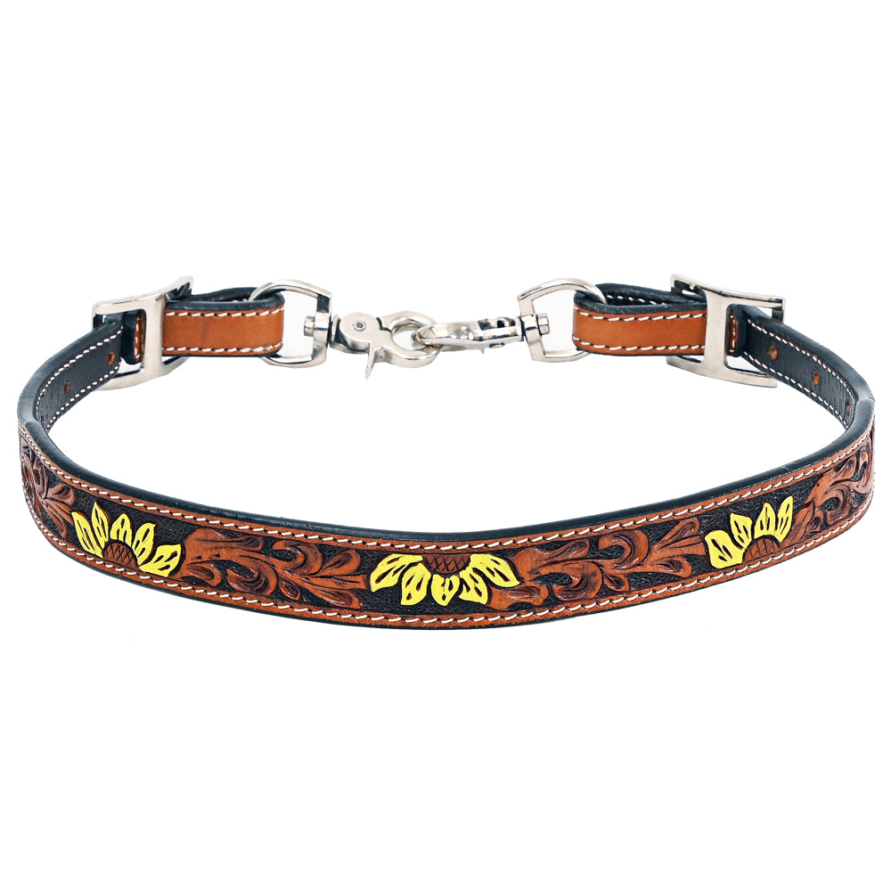 Bar H Equine Horse Genuine Leather Floral Design Tie Downs Snap Ends Tan