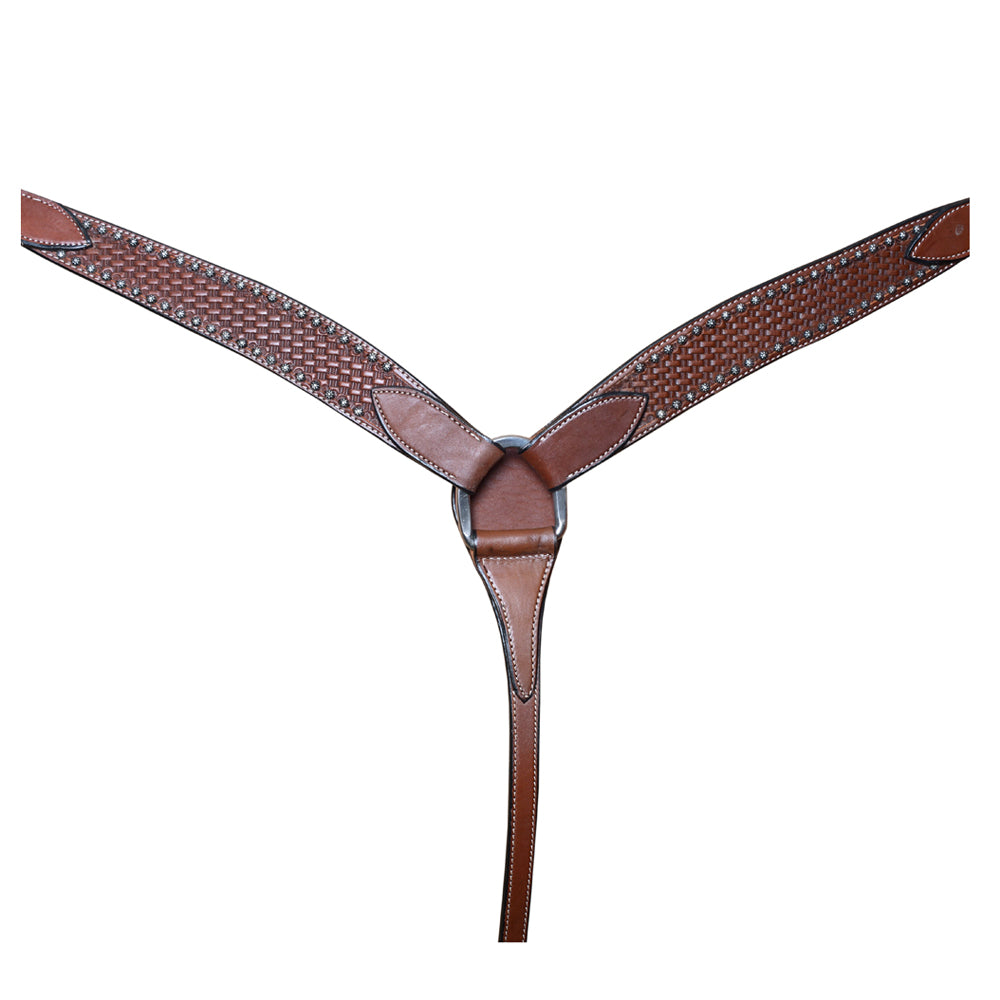 BAR H EQUINE Genuine Horse Hand Tooled Basketweave Leather Breast Collar Brown