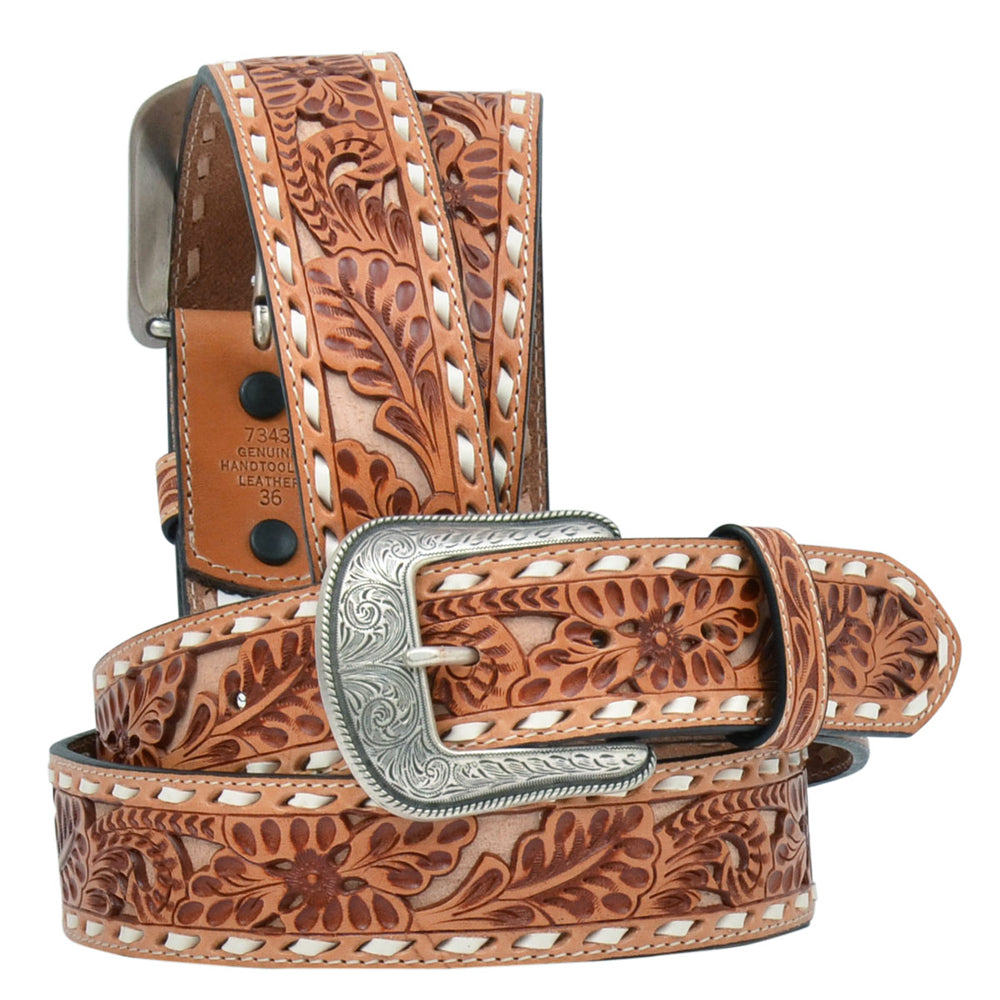 36 in 3D Mens Floral Embossed Buckstitch Western Belt Natural