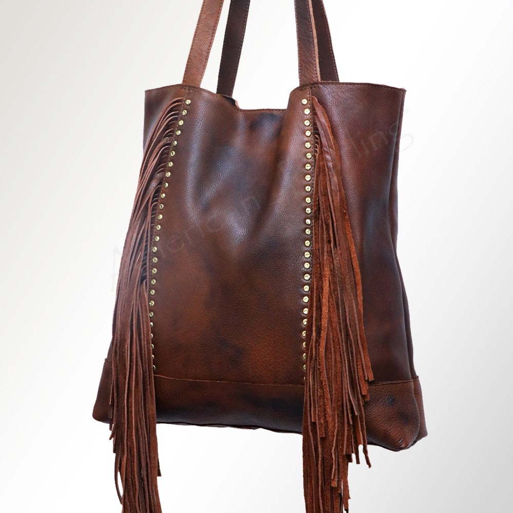 American Darling Tote Bag - Genuine Vegetable-Tanned Leather Western Purse with Fringes and YKK Zipper - 17x17in
