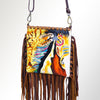 American Darling Large Cross body Bag, Hand Painted Western Art, Fringed Vegetable Tanned Leather, 6in X 8.5in X 1in