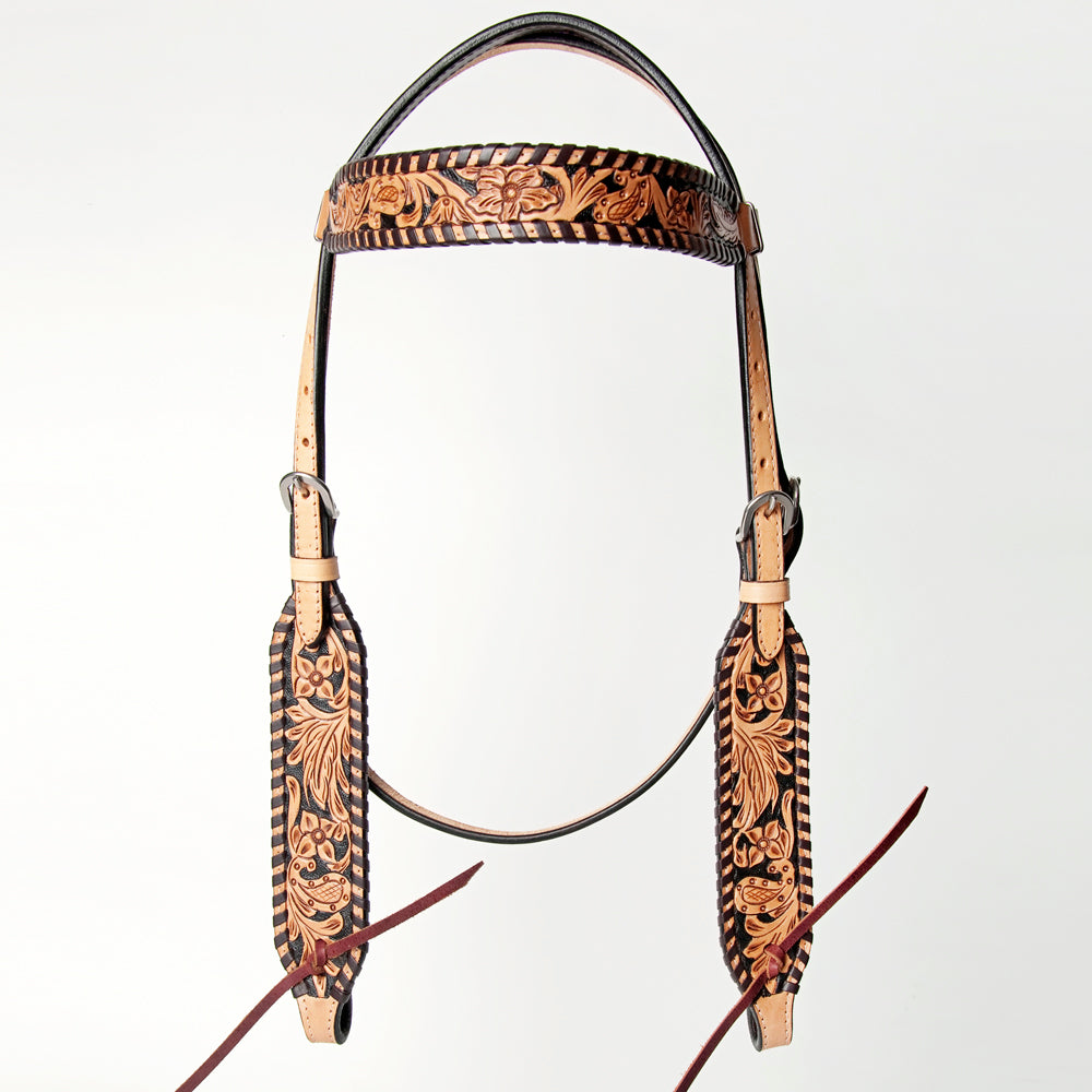 American Darling Western Leather Headstall Hand-Tooled Floral Carved with Buckstitch Border