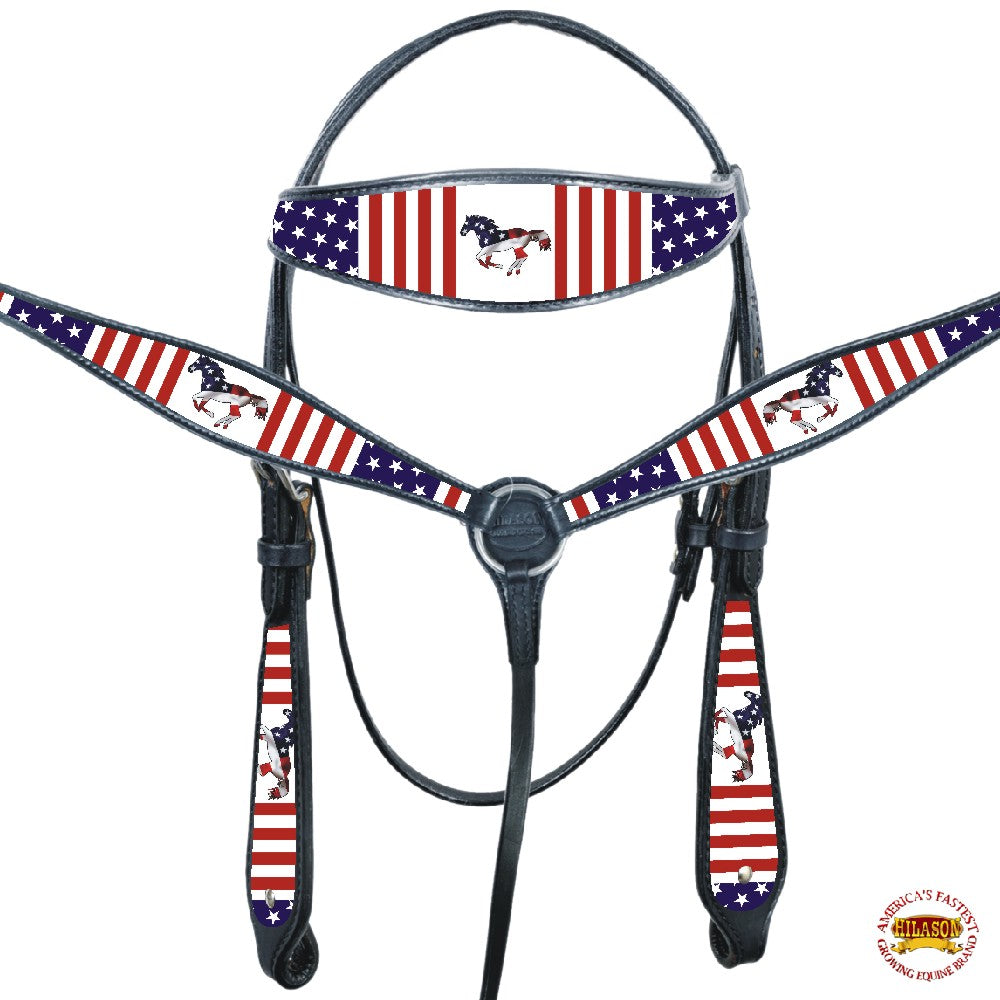 HILASON Western Horse Headstall Breast Collar American Leather US Flag | Tack Set for Horses