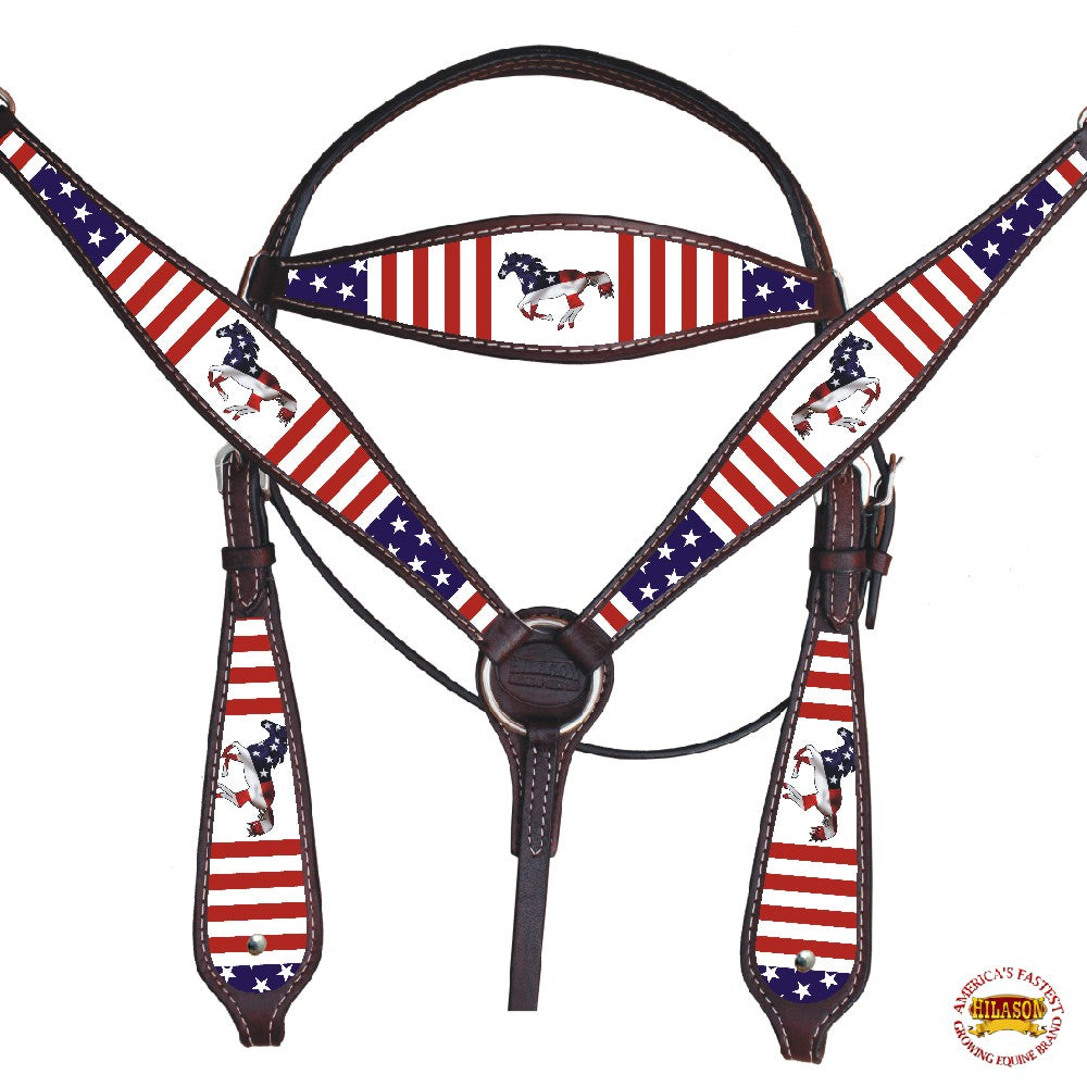 HILASON Western Horse Headstall Breast Collar American Leather US Flag Brown | Tack Set for Horses